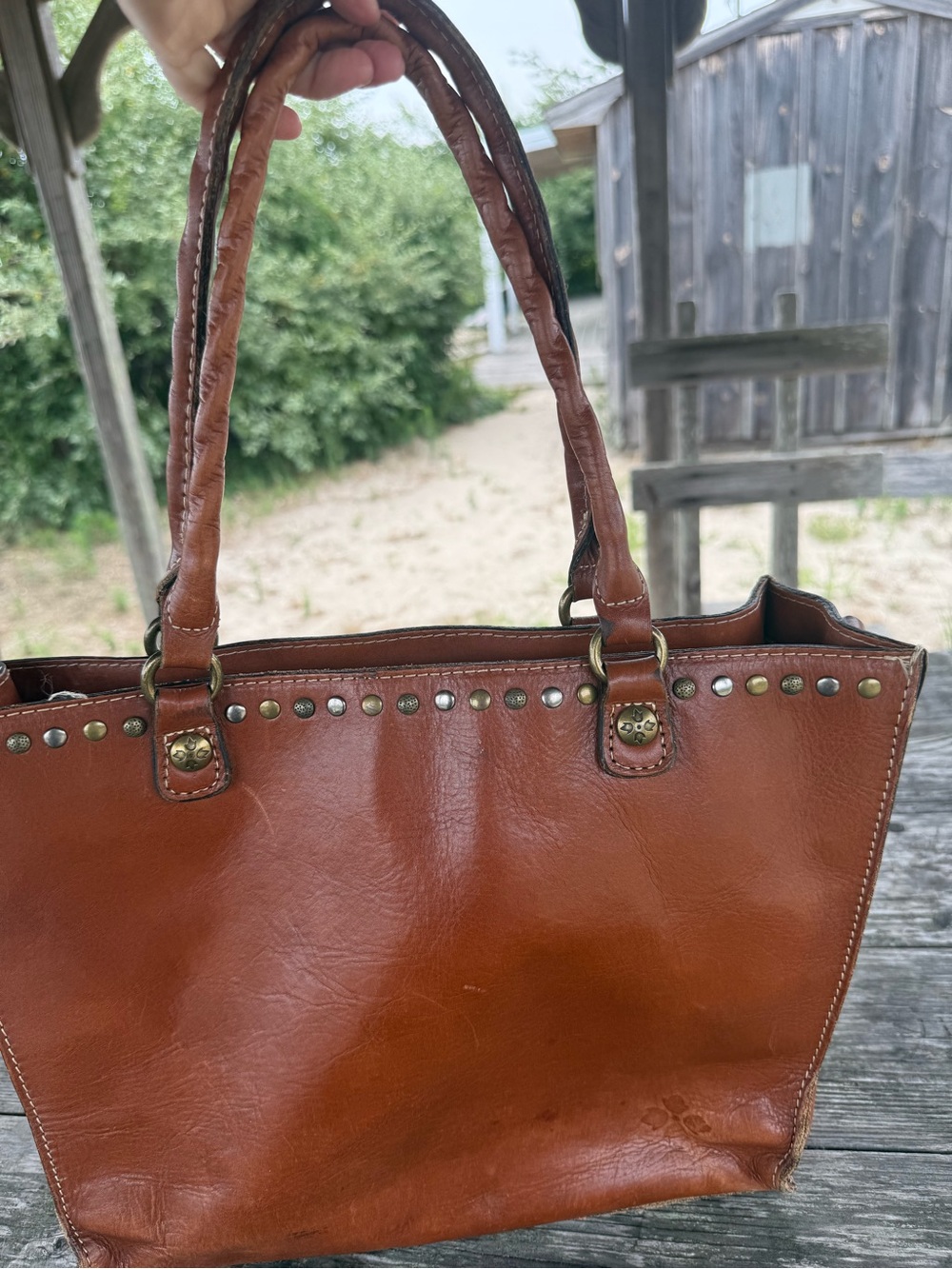 PATRICIA NASH, Brown Leather Stud-Trim Tote Bag, shoulder bag